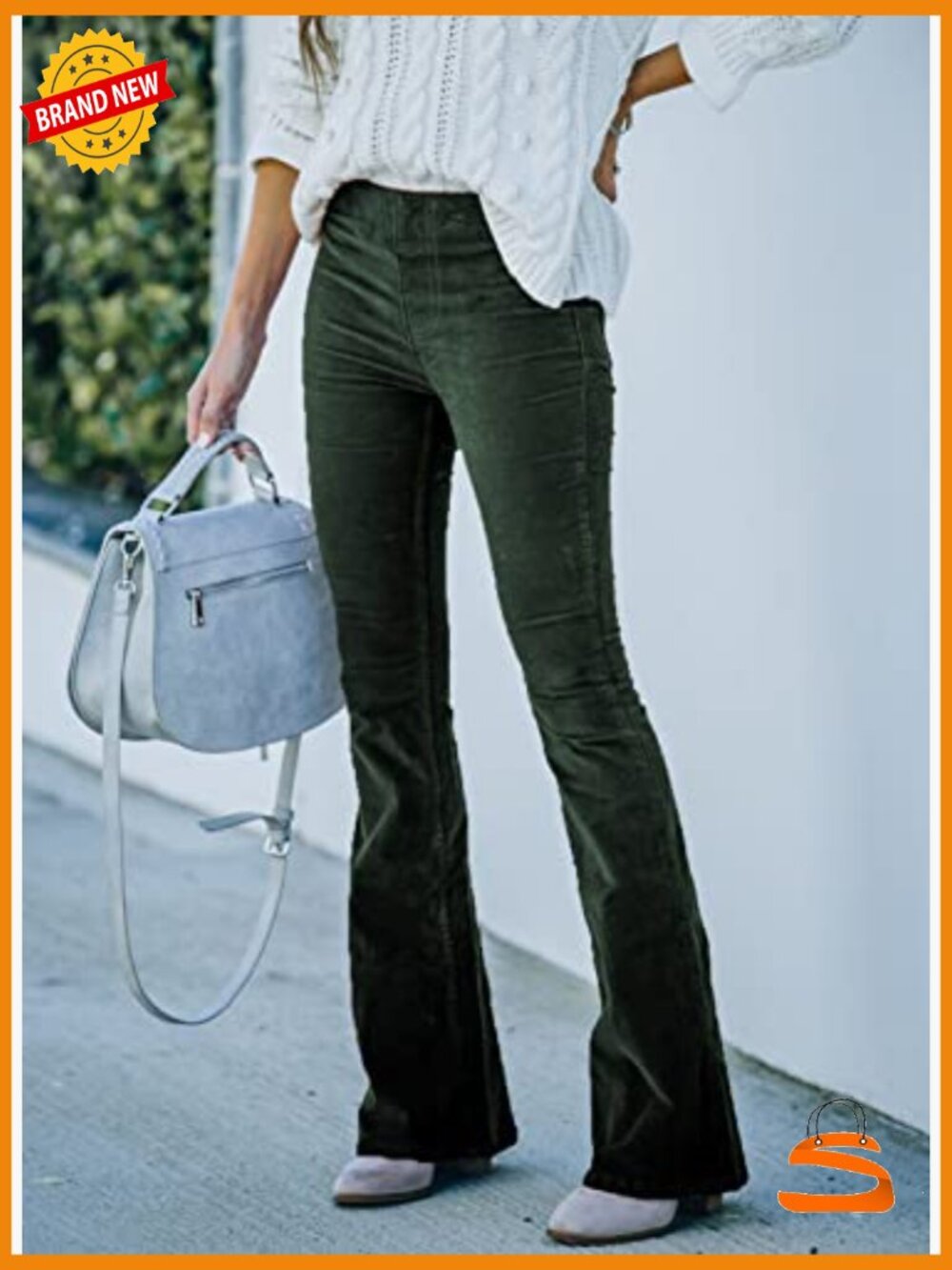 Corduroy Flare Pants Elastic Waist Bell Bottom Trousers Fall - Picture 2 of 7